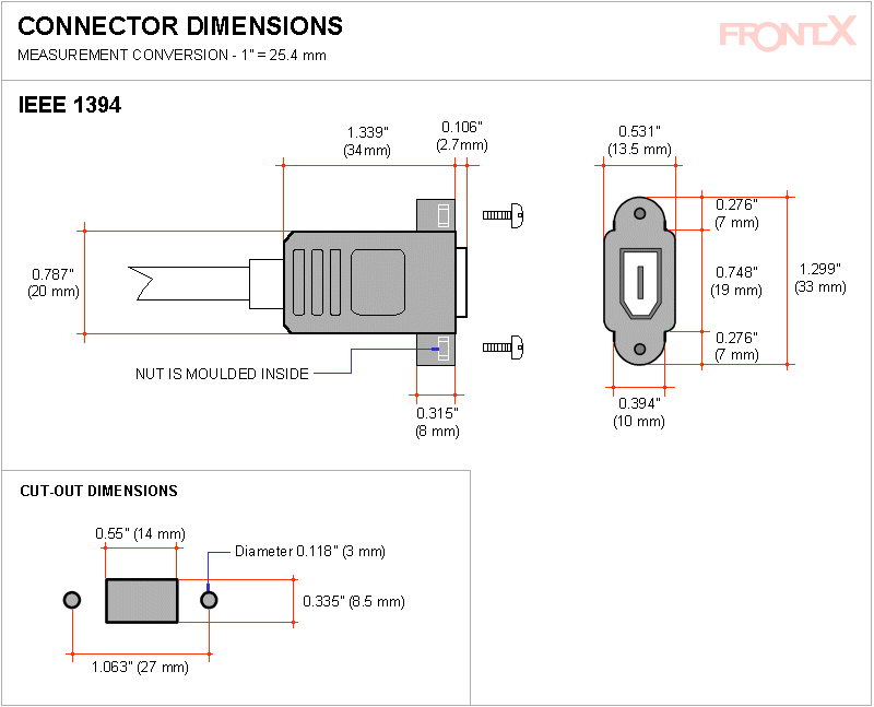 FRONTX Bulkhead IEEE 1394 6 Pin Cable panel mount firewire female
